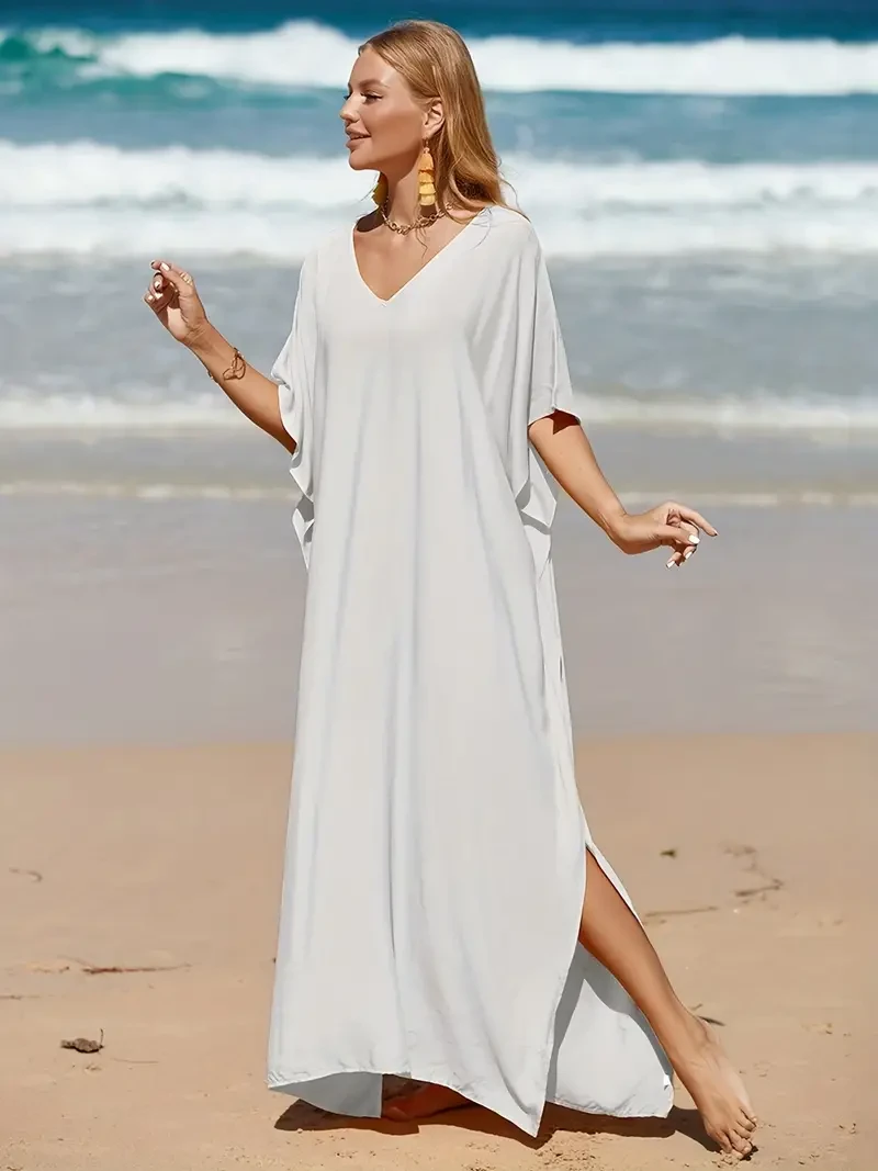 Plus Size Maxi Cover Up - Relaxed Fit, Solid Color, Bat Wing Sleeve, V-Neck, Split Hem Design for Women with Curves