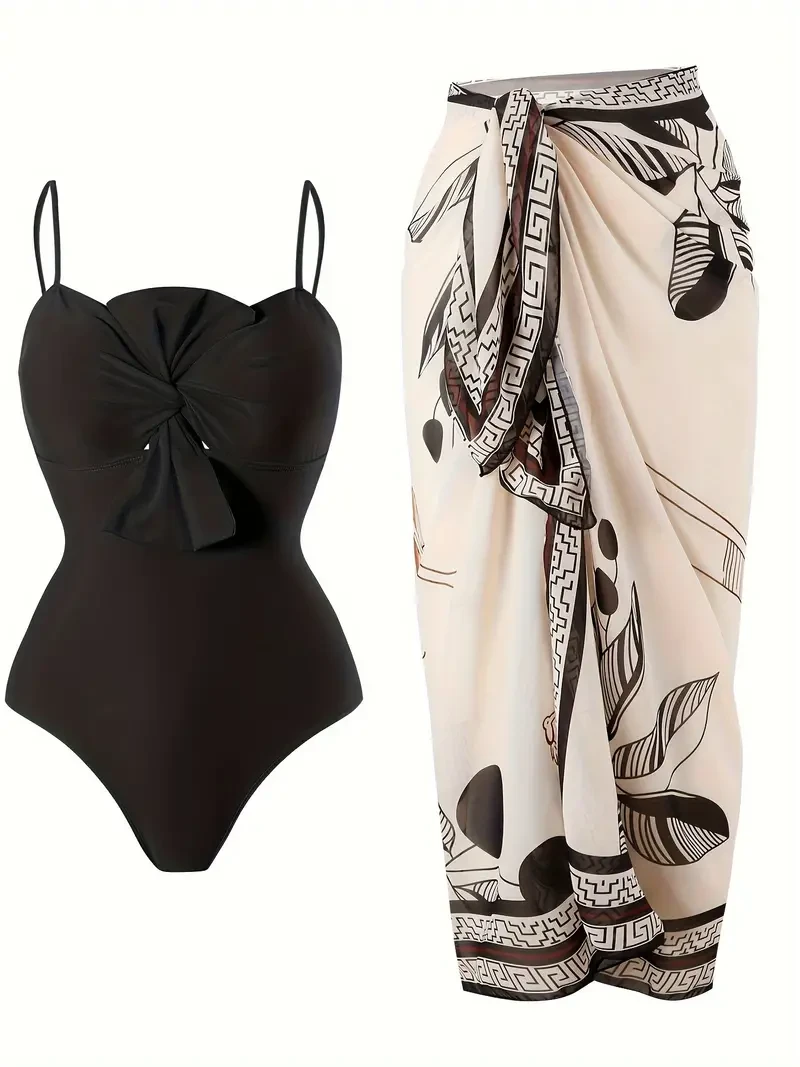 Two-piece Fashionable Bow One-piece Swimsuit, Solid Color Retro Slimming Swimsuit Set, Women's Sun Protection Suit