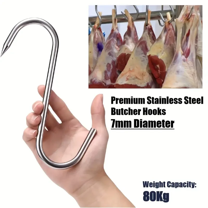 5Pack Stainless Steel Meat Hook Restaurant Butcher Meat Processing Tools. Hunting Gear Equipment Outdoor BBQ Smoker Grilling Tools Hanging Chunks Meat Jerky Drying For Kitchen, Market Hanging Bacon, Sausage