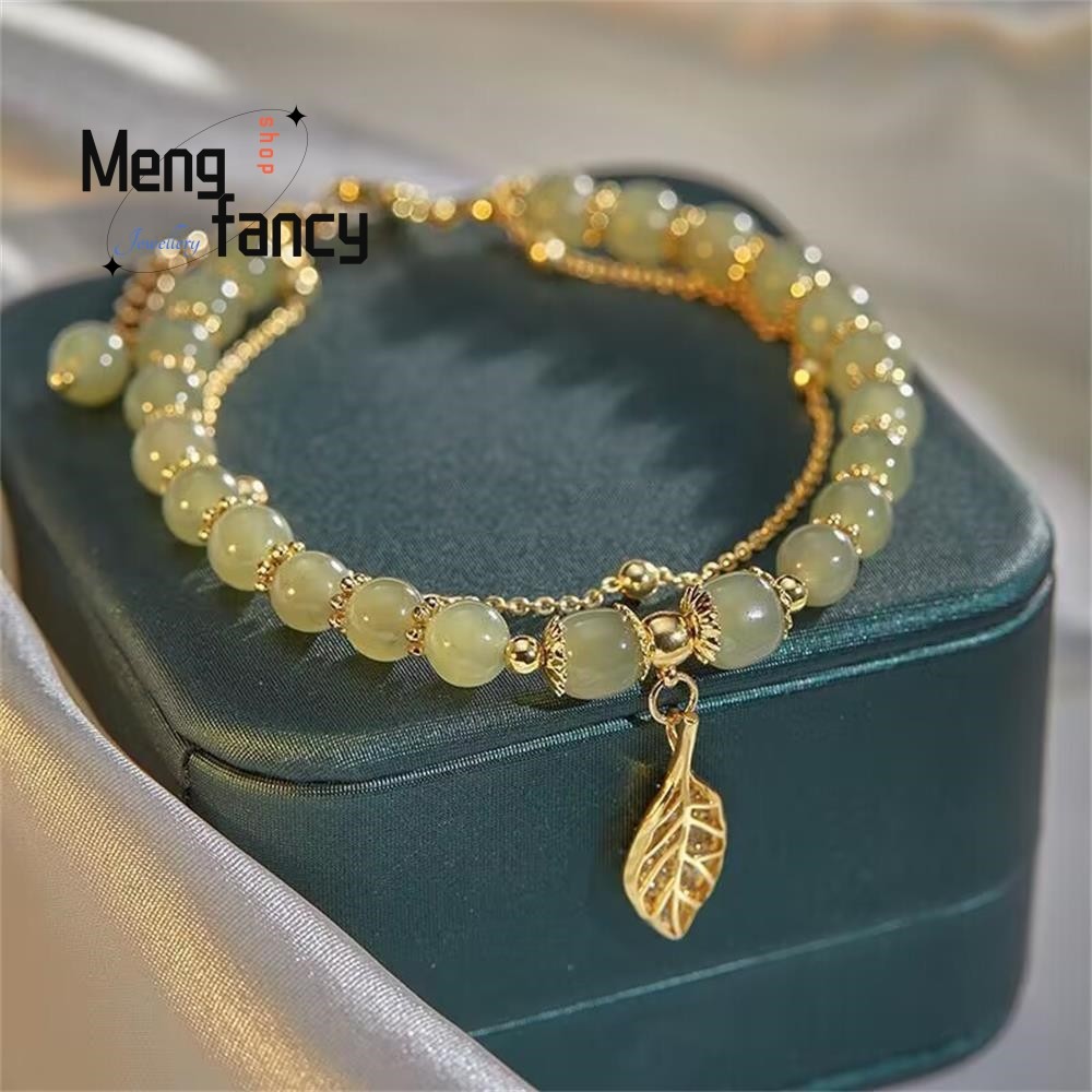 Natural Hetian Jasper Bracelet  Golden Branch & Jade Leaves Charm