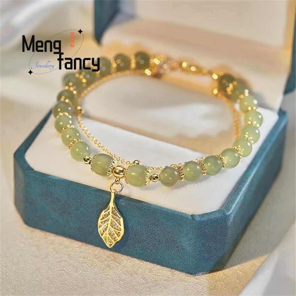 Natural Hetian Jasper Bracelet  Golden Branch & Jade Leaves Charm