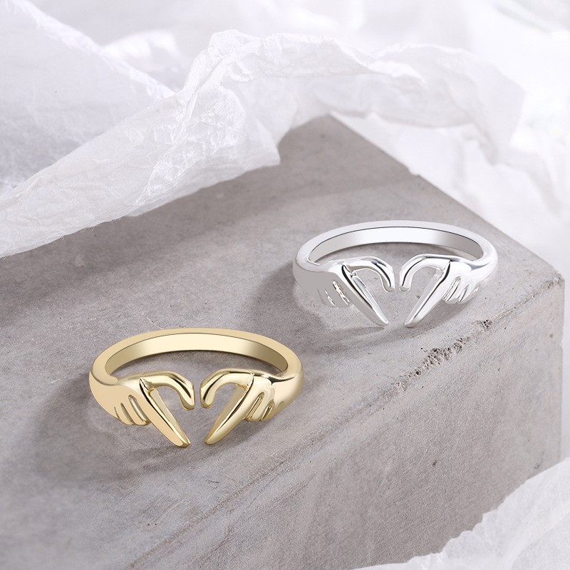 Romantic Heart & Hand Couple Ring  Silver Adjustable Open Ring for Lovers