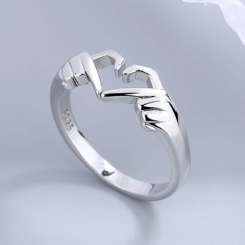 Romantic Heart & Hand Couple Ring  Silver Adjustable Open Ring for Lovers