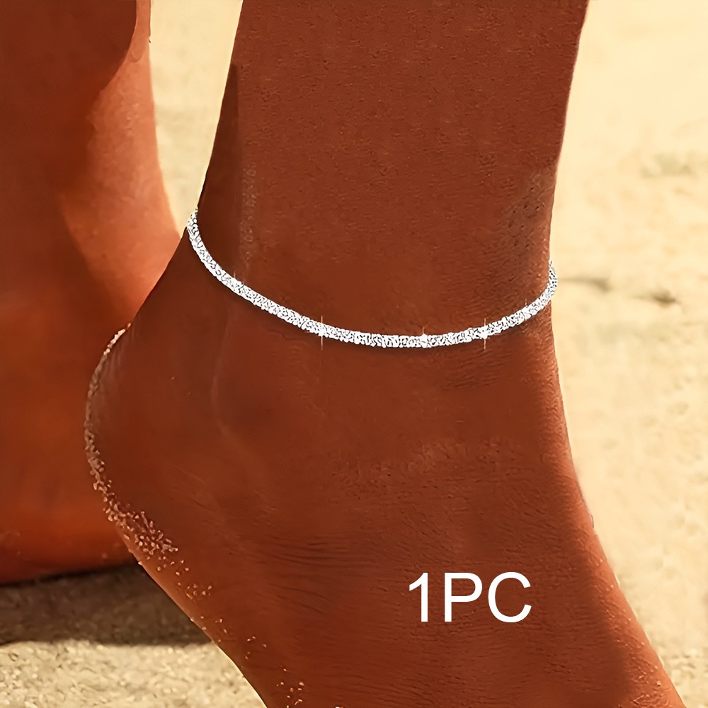 2PCS Sparkling Silver Anklet Set  Elegant Copper Ankle Bracelets for Women