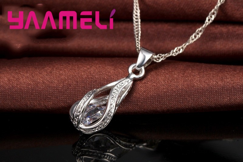 Water Drop CZ Sterling Silver Jewelry Set  Pendant Necklace & Hoop Earrings for Women