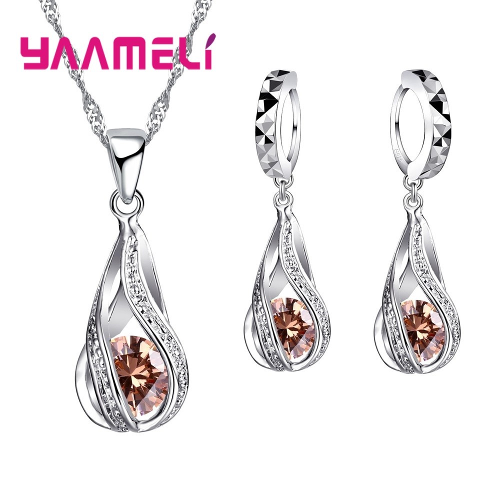 Water Drop CZ Sterling Silver Jewelry Set  Pendant Necklace & Hoop Earrings for Women