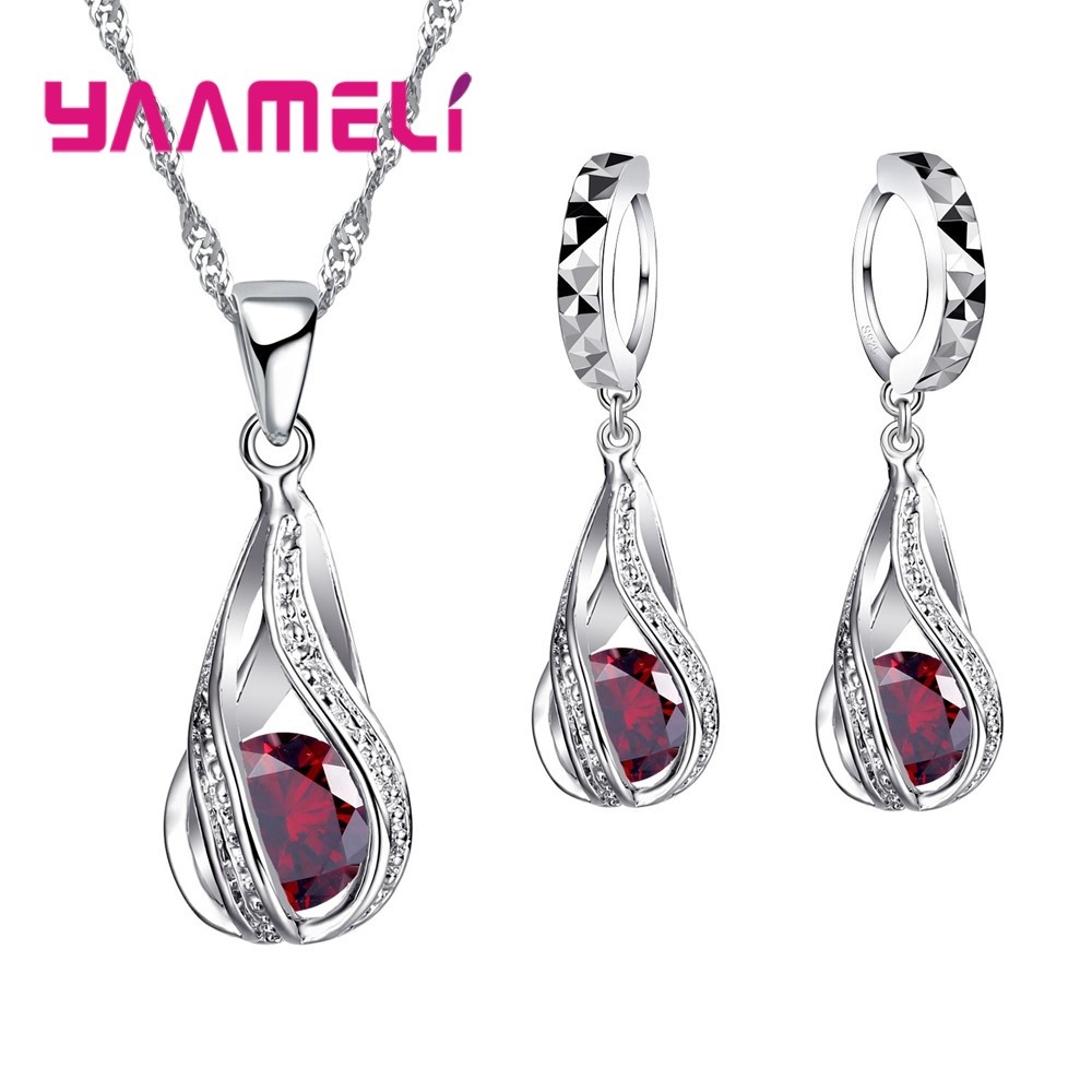 Water Drop CZ Sterling Silver Jewelry Set  Pendant Necklace & Hoop Earrings for Women