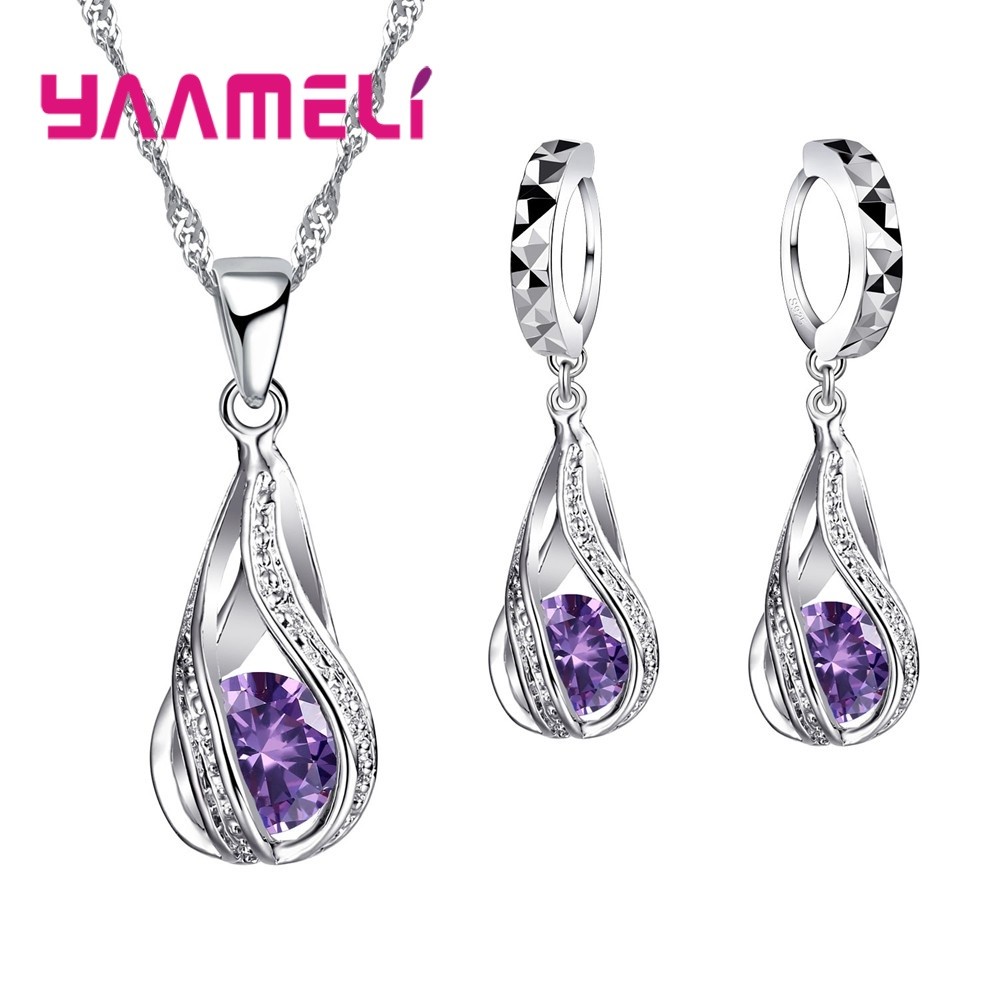 Water Drop CZ Sterling Silver Jewelry Set  Pendant Necklace & Hoop Earrings for Women