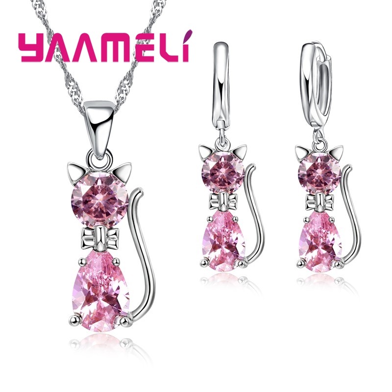 925 Sterling Silver Cat Jewelry Set  Austrian Crystal Necklace & Huggie Earrings for Women & Girls