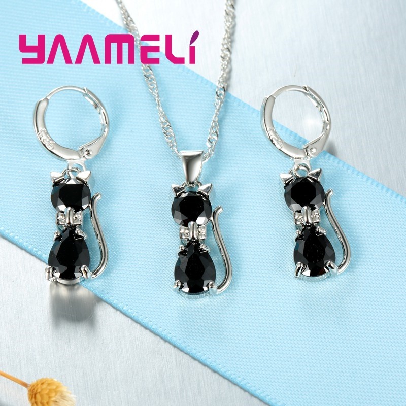 925 Sterling Silver Cat Jewelry Set  Austrian Crystal Necklace & Huggie Earrings for Women & Girls