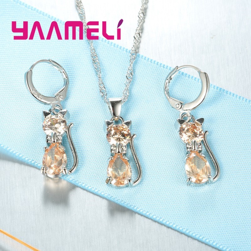 925 Sterling Silver Cat Jewelry Set  Austrian Crystal Necklace & Huggie Earrings for Women & Girls
