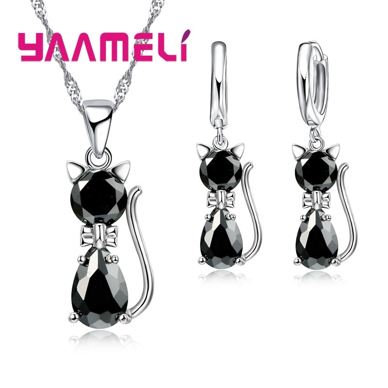 925 Sterling Silver Cat Jewelry Set  Austrian Crystal Necklace & Huggie Earrings for Women & Girls