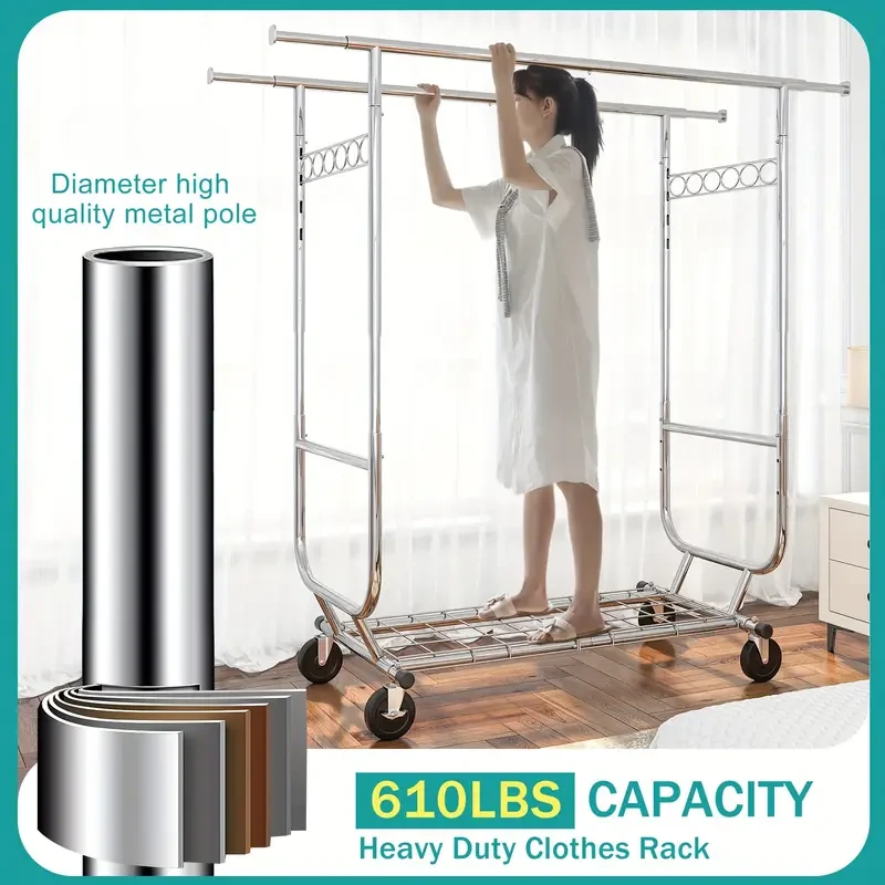 The Heavy-Duty Rolling Clothes Rack with Wheels provides a versatile, sturdy solution for organizing and displaying clothes. With a height-adjustable design, smooth-rolling wheels, and utility hooks, its perfect for everything from personal storage to re