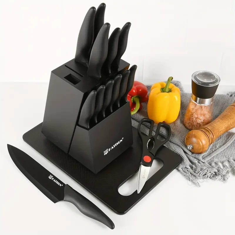 15 Pieces Professional Kitchen Knife Set with Black Wooden Block, Non-slip ABS Handle, Plastic Cutting Board, and Kitchen Shears
