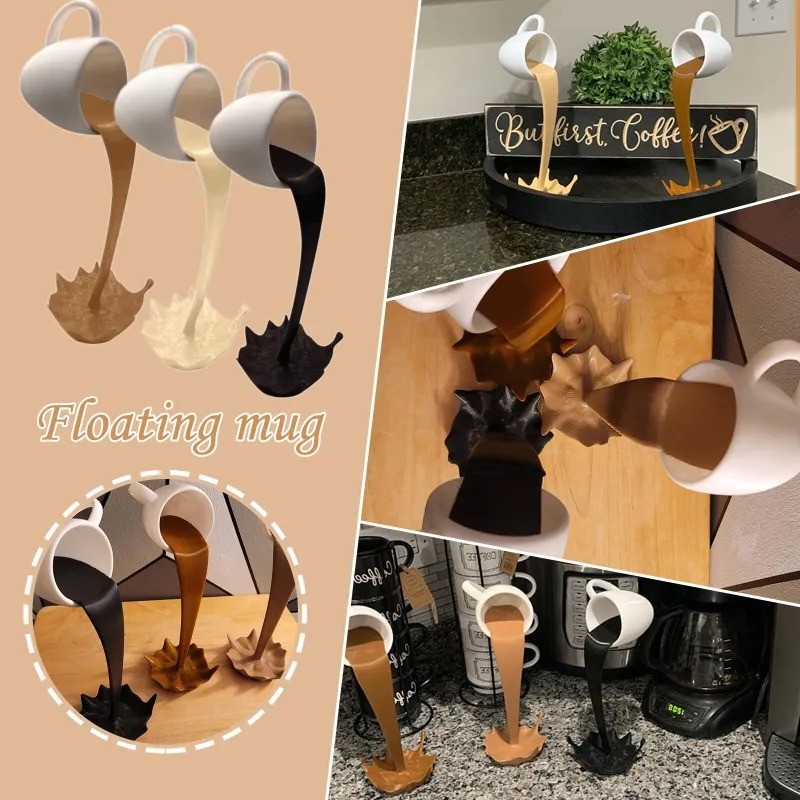Floating Coffee Cup Sculpture Pouring Spilling Decoration