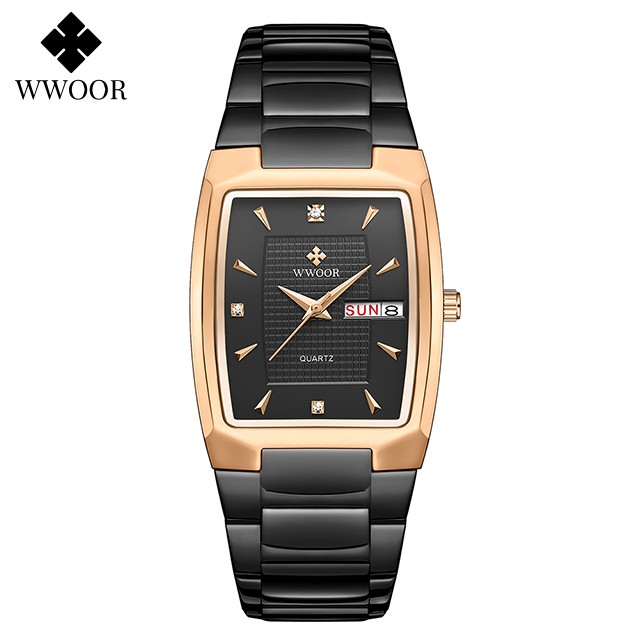 WWOOR 2024 Mens Square Watch  Luxury Gold Stainless Steel Quartz Wristwatch