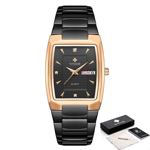 WWOOR 2024 Mens Square Watch  Luxury Gold Stainless Steel Quartz Wristwatch