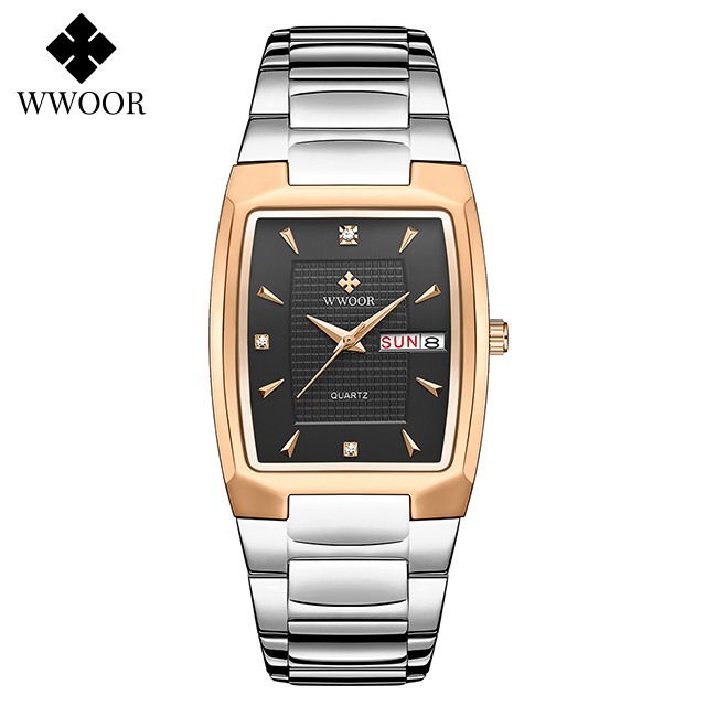 WWOOR 2024 Mens Square Watch  Luxury Gold Stainless Steel Quartz Wristwatch