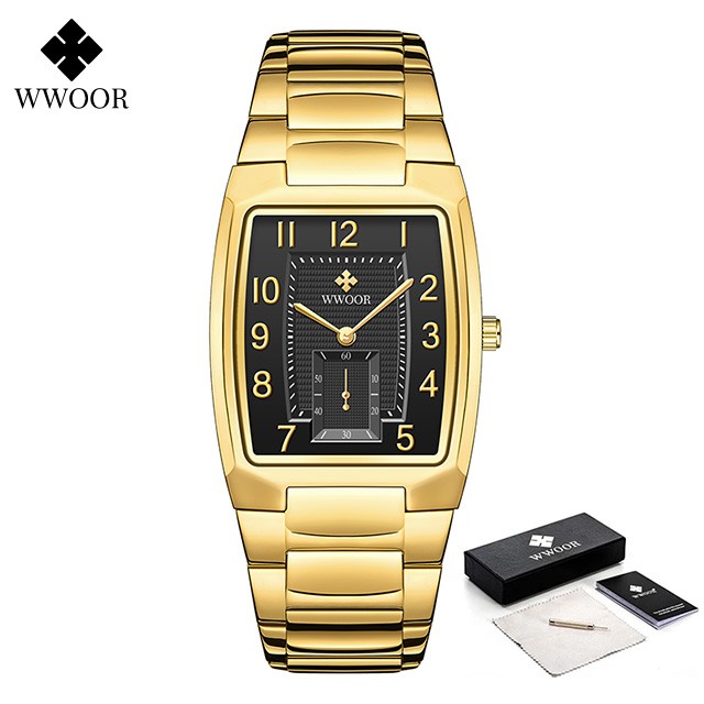 WWOOR 2024 Mens Square Watch  Luxury Gold Stainless Steel Quartz Wristwatch