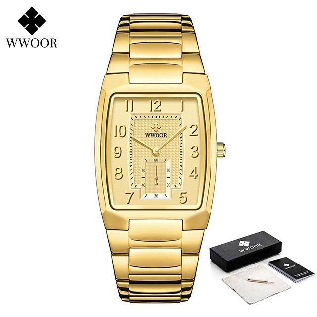 WWOOR 2024 Mens Square Watch  Luxury Gold Stainless Steel Quartz Wristwatch