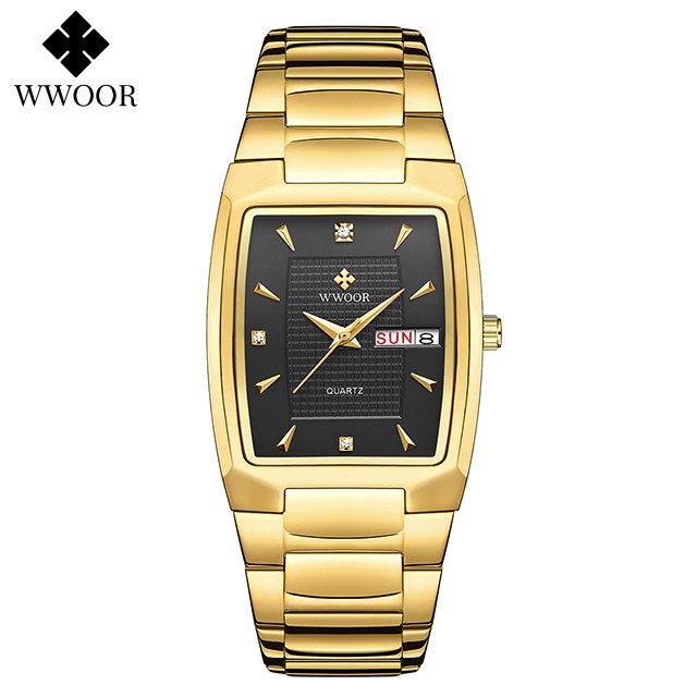 WWOOR 2024 Mens Square Watch  Luxury Gold Stainless Steel Quartz Wristwatch