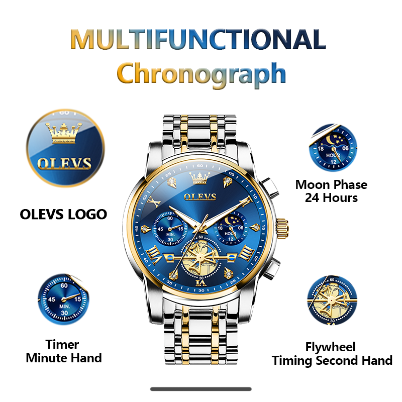OLEVS Mens Classic Multifunction Quartz Watch  Flywheel Chronograph with Moon Phase & 24-Hour Display