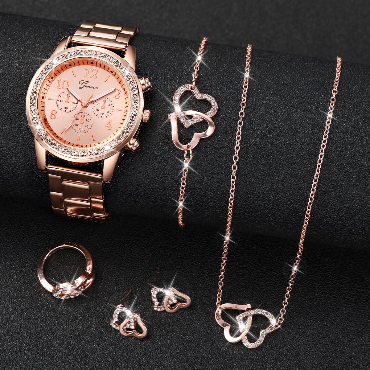 6PCS Women's Fashion Watch & Jewelry Set  Rhinestone Stainless Steel Quartz Watch with Double Heart Design