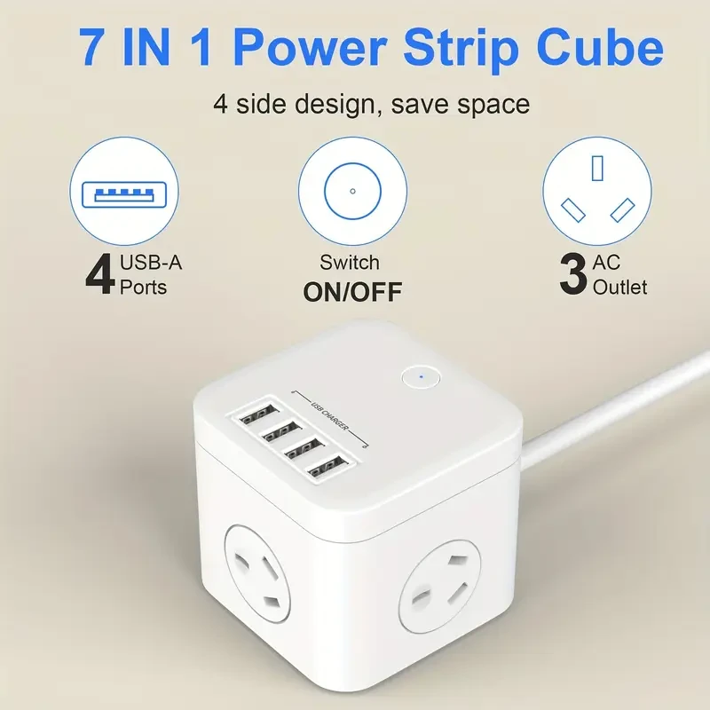 Cube Power Strip, 3 AC Outlets & 4 USB Charging Stations with Surge Protection, 10A/2400W, 1.8m Extension Cord, Office & Home Use, Australian Plug, Switch, USB Slots, 220V-240V Voltage, Battery-Free