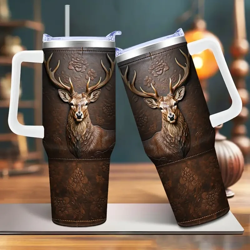 Steel Deer-Themed Tumbler with Lid & Straw - Insulated Car Travel Cup