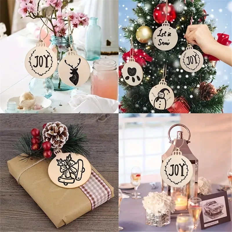 60pcs DIY Wooden Christmas Ornaments, Xmas Tree Hanging Wood DIY Art Crafts