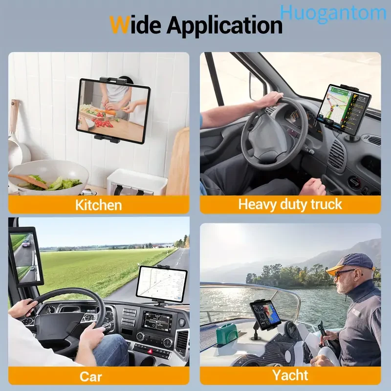 Huogantom Aluminum Alloy Tablet Mount with Heavy-Duty Drill Base, 360 Adjustable Holder for 11.94-32.77 cm Tablets and Phones