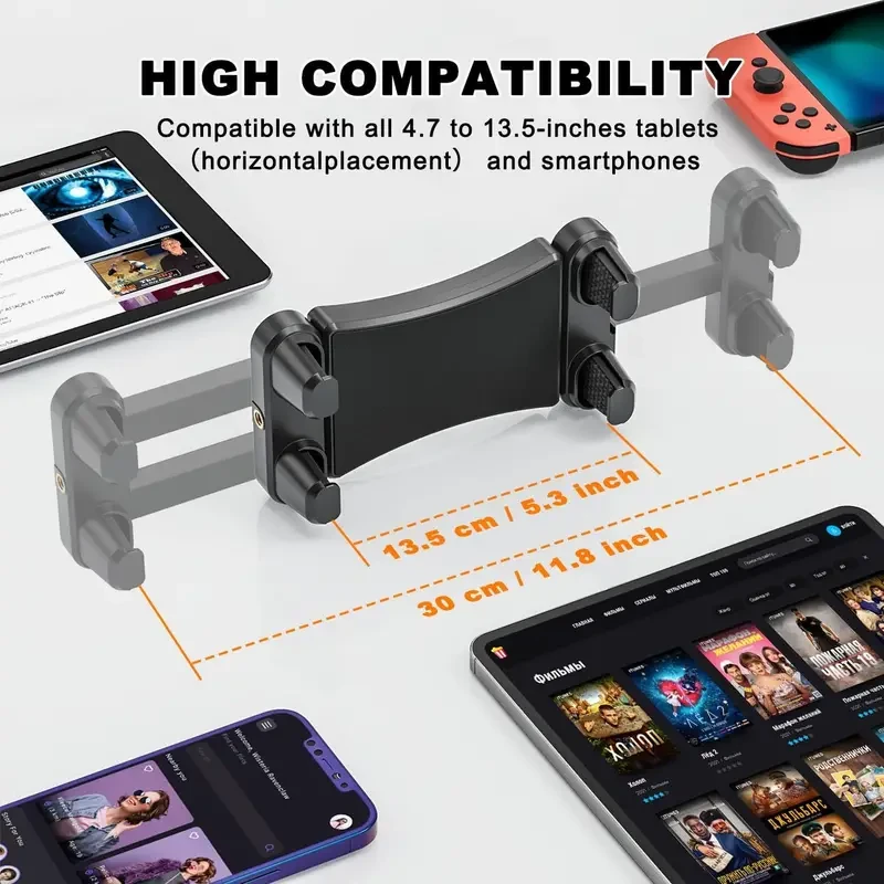 Aluminum Alloy Tablet Wall Mount Stand with 360 Rotating Adjustable Arm, Sturdy Metal Base, Clip Holder, Compatible with 11.94-34.29 cm Tablets & Smartphones