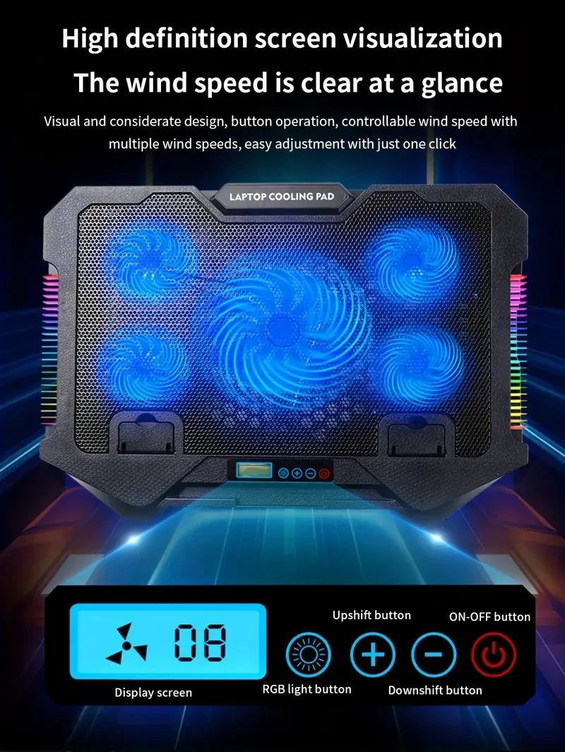 TISHRIC RGB Laptop Cooling Pad with 5 Fans, 6-Speed Height Adjustable, Dual USB Charging Ports, Ergonomic Stand for 30.48-43.18 cm Notebooks