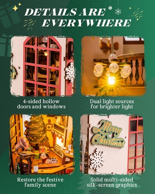ROBOTIME DIY Christmas Dollhouse Wood Kit Book Nook BookShelf Decoration Gift, LED Lights TGC07