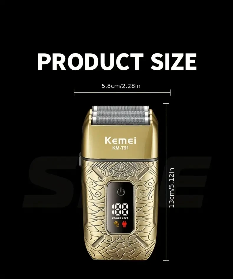 Kemei KM-T91 Reciprocating Electric Shaver with LCD Display, 3D Floating Blade, Stainless Steel Heads - USB Rechargeable, Waterless Cleaning