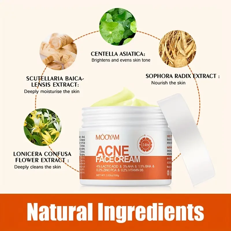 MOOYAM Acne-Fighting Face Cream with AHA 3%, BHA 1.5% & Centella Asiatica - Moisturizing & Firming for Sensitive, Dry Skin, Suitable for All Skin Types