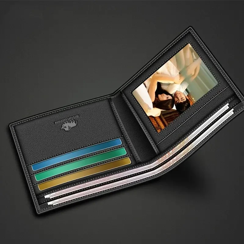 BISON DENIM Men's Luxury Genuine Leather Wallet - RFID Blocking, Bifold with Zipper Coin Purse & Card Holder, Sleek Black, for Return School