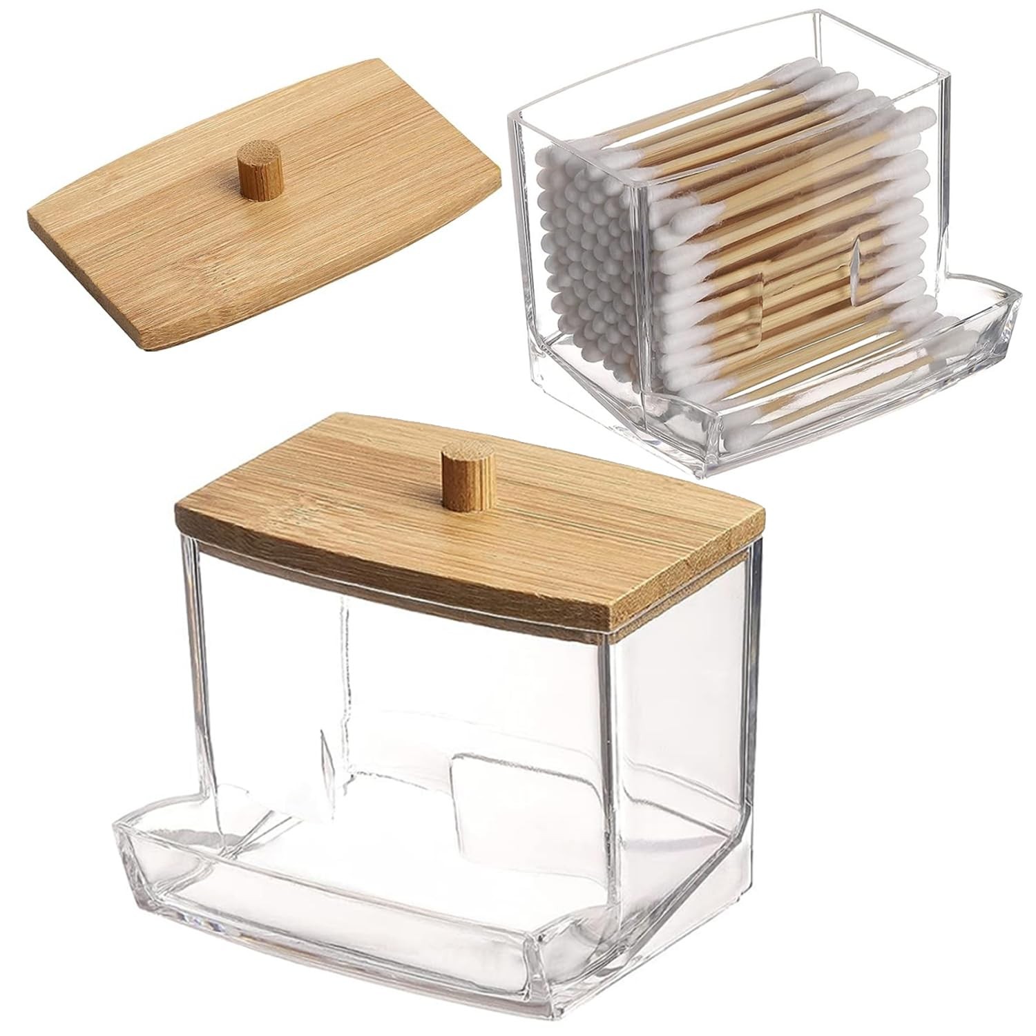 Cotton Swab Holder  Clear Plastic Dispenser with Bamboo Lid
