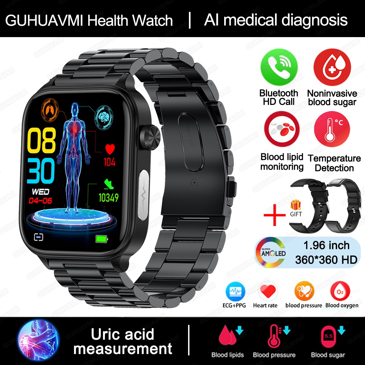 2024 AI Medical Diagnosis Smart Watch  Blood Lipids, Uric Acid, Blood Glucose Monitoring with ECG+PPG, Bluetooth Calls, and Health Tracking