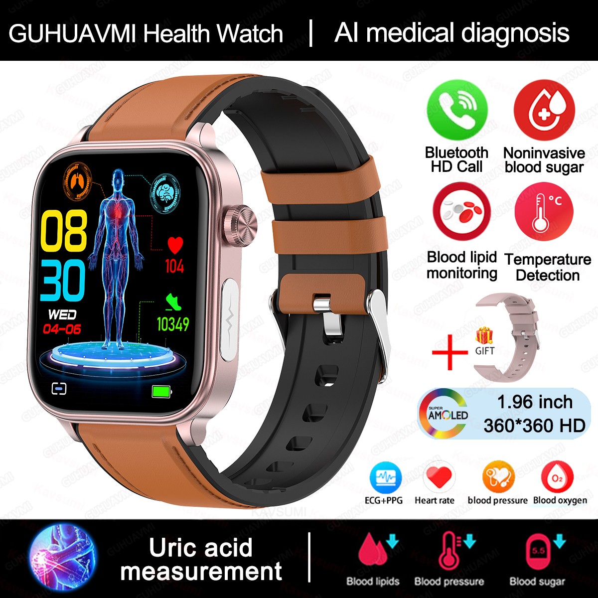 2024 AI Medical Diagnosis Smart Watch  Blood Lipids, Uric Acid, Blood Glucose Monitoring with ECG+PPG, Bluetooth Calls, and Health Tracking