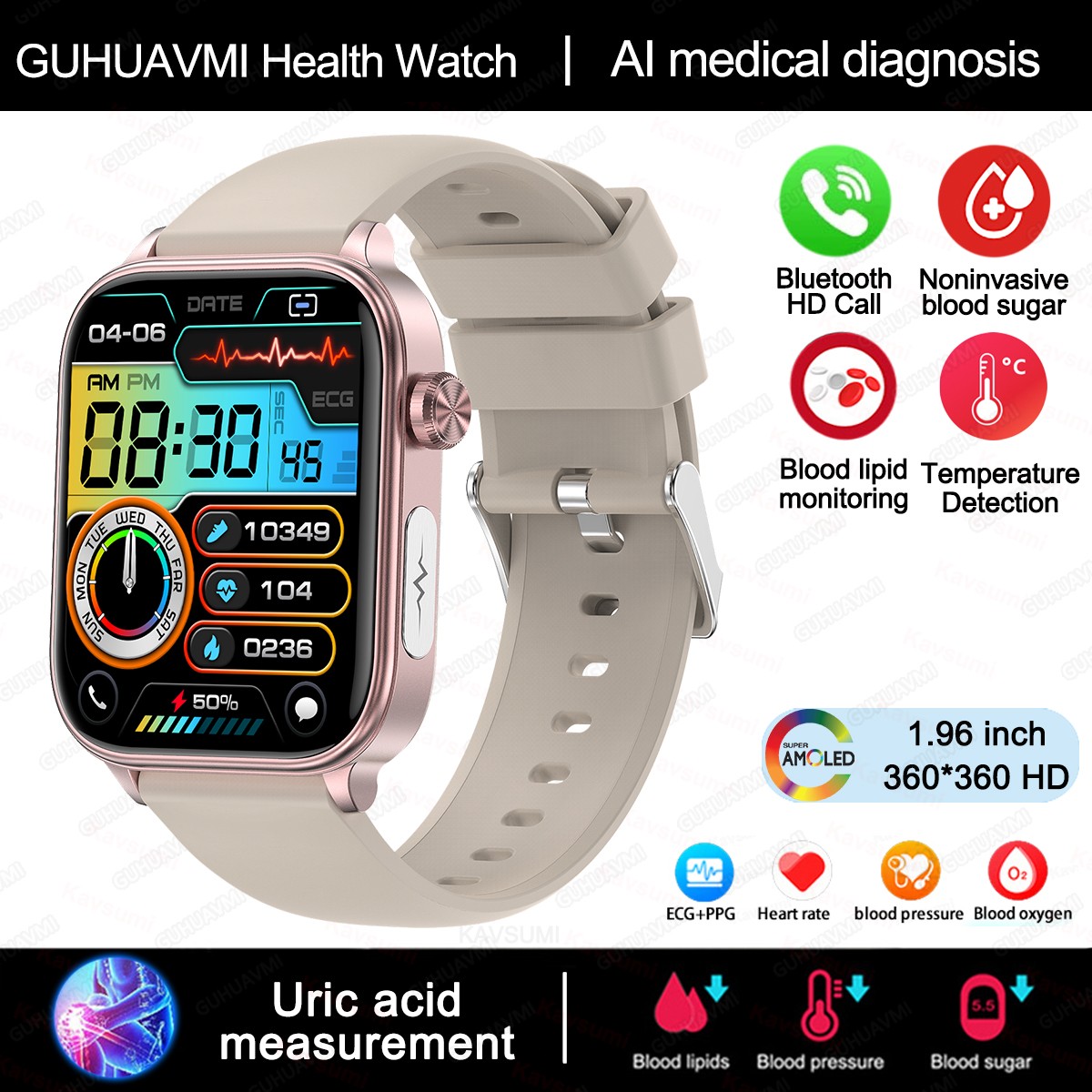 2024 AI Medical Diagnosis Smart Watch  Blood Lipids, Uric Acid, Blood Glucose Monitoring with ECG+PPG, Bluetooth Calls, and Health Tracking