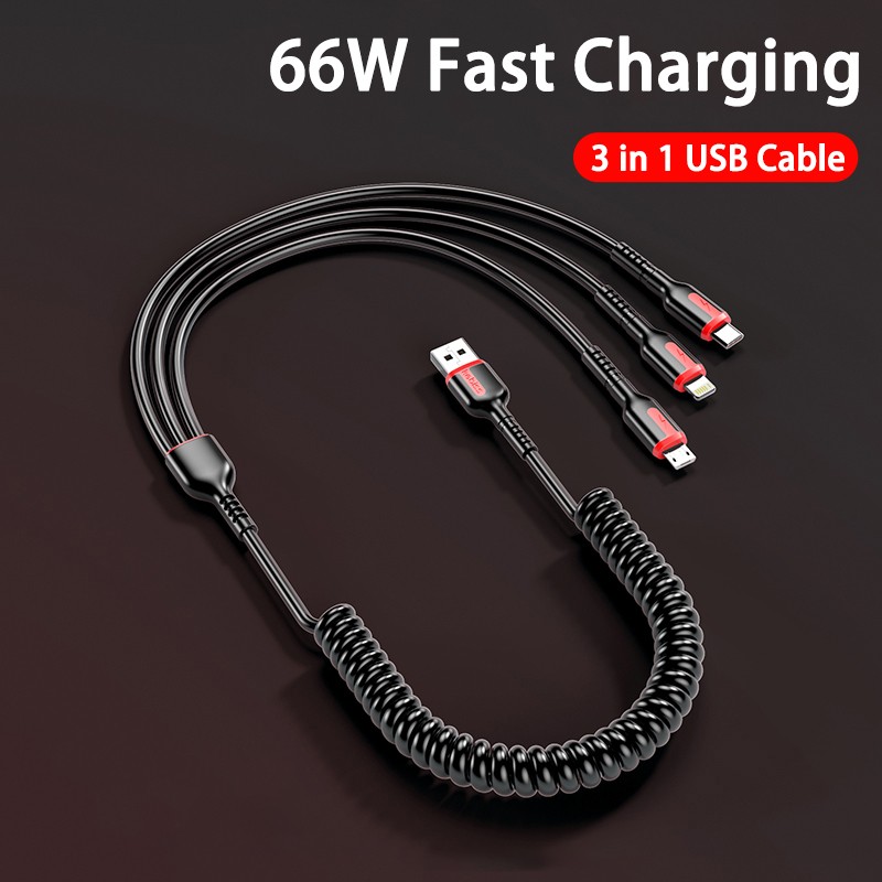 3-in-1 66W Fast Charging Cable USB Type-C, Micro USB, and Lightning for iPhone, Samsung, Xiaomi
