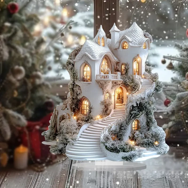 Charming White Winter Snow House Acrylic Tabletop Decor