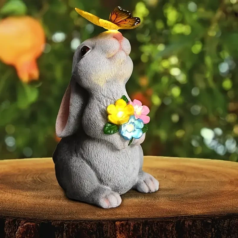 Resin Rabbit Statue with Solar-Powered Butterfly