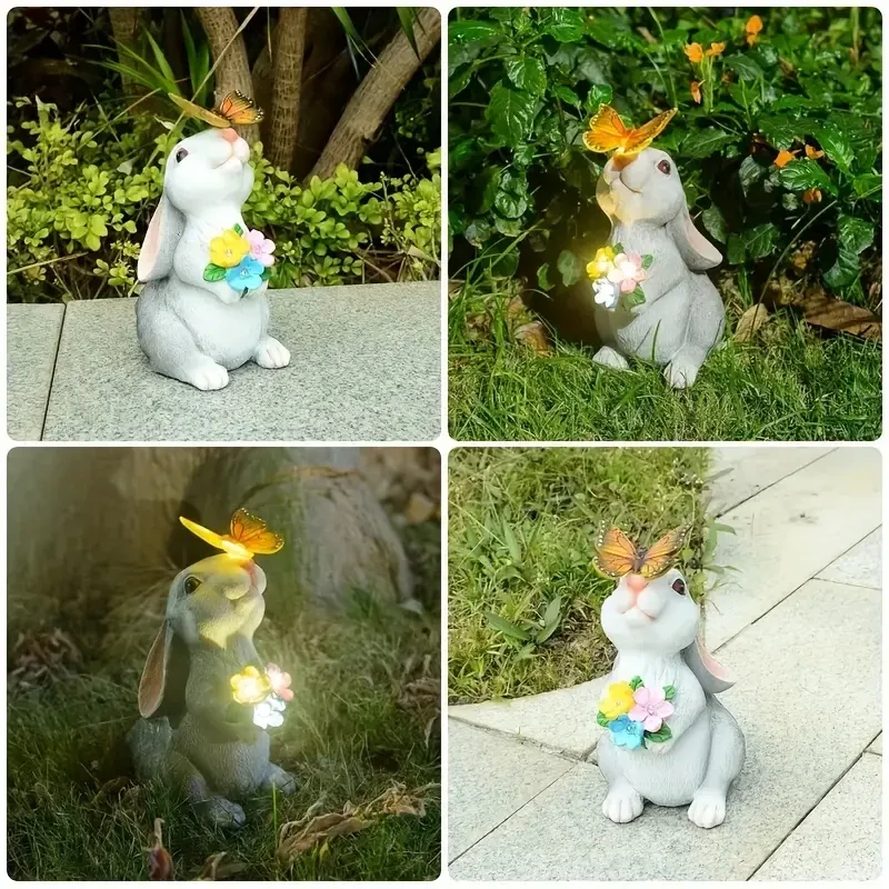 Resin Rabbit Statue with Solar-Powered Butterfly