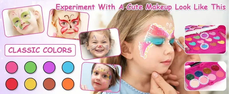 Flybeauty Kids Makeup Kit for Girls, 54pcs Washable Play Makeup Set with Plant-Based Squalane, Mixed Color System, Includes Brushes, Non-Toxic, Water Soluble Cosmetic Case for Ages 3-12, Ideal Christmas Gift