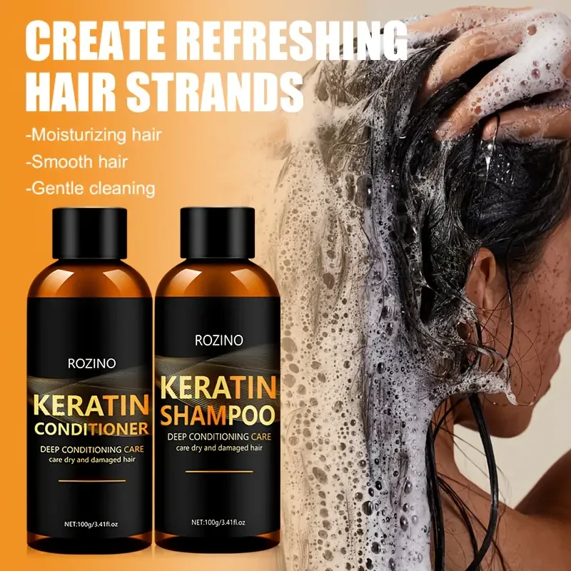 ROZINO Keratin Shampoo and Conditioner Set, 2pcs - Deep Conditioning and Cleaning Care for Dry Hair, Unisex-adult, Glycerin Enriched, Smooth Silky Finish, Hydrating Long-Lasting Scent, Hair Care Combo