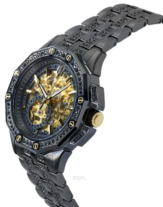Bulova Octava Crystal Accents Stainless Steel Skeleton Gold Dial Automatic 98A293 Men's Watch