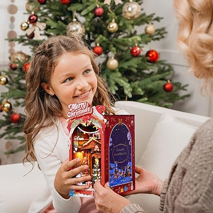 ROBOTIME DIY Miniature Dollhouse Wood Kit Book Nook Shelf Insert Kit, Christmas Street With LED Lights TGC06