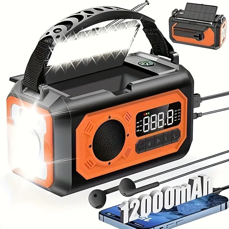 12000mAh Emergency Weather Radio - Solar & Hand Crank Portable Radio